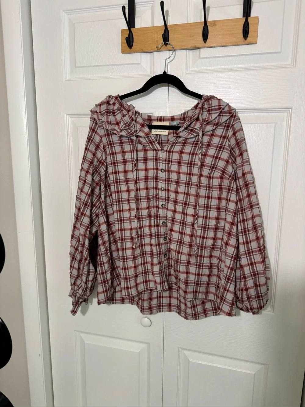 Anthropologie Red and White Plaid Ruffle-Front Blouse